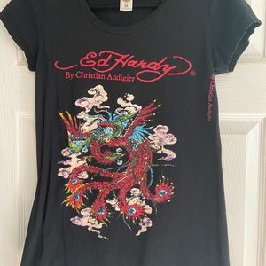 Ed Hardy By Christian Audigier Women's BlackT-Shirt Medium Rhinestone